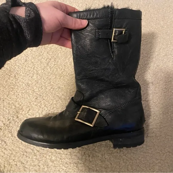 Jimmy Choo Leather Buckle Biker Fur Lined Boots