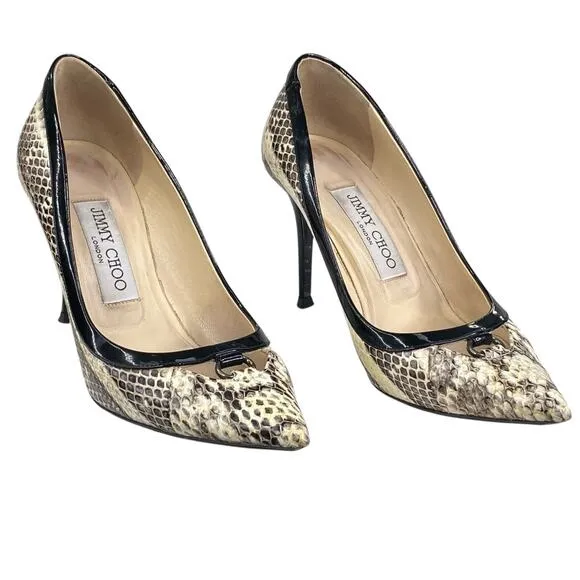 Jimmy Choo Women’s Snake Skin Cream Black Heels Size 35.5 US 5.5
