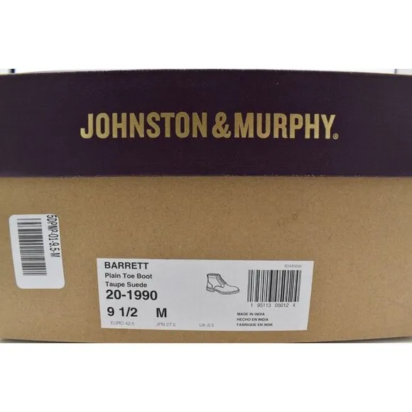 Johnston &amp; Murphy Mens Size 9.5 Barrett Taupe Suede Plain Toe Boots Shoes