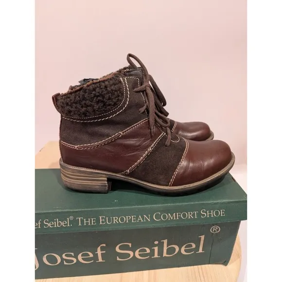 Josef Seibel Sherpa Lined Zip Outdoor Casual Brown Leather Boots 38 US 6-6.5 New