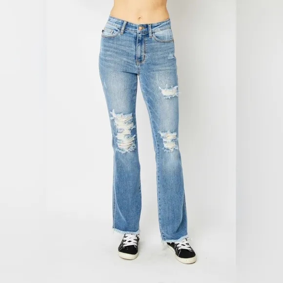 Judy Blue Distressed Raw Hem Bootcut Jeans