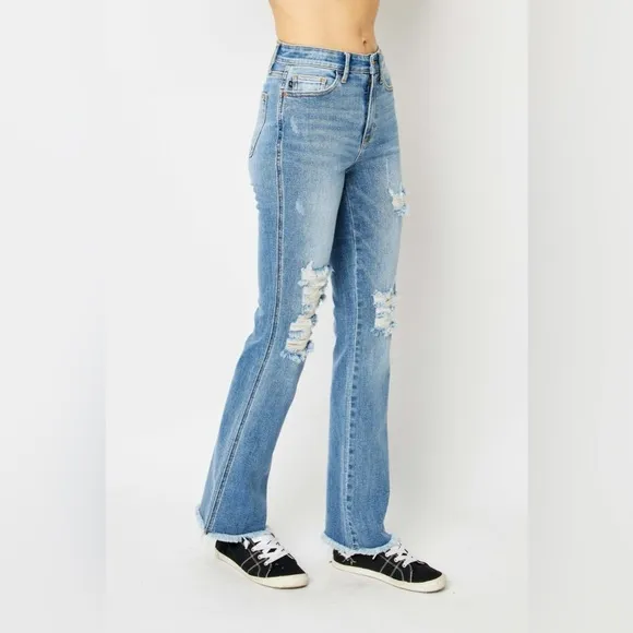 Judy Blue Distressed Raw Hem Bootcut Jeans