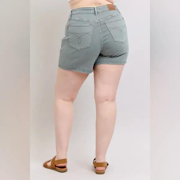 Judy Blue Embroidered Pockets High Rise Distressed Denim Mid-length Jean Shorts