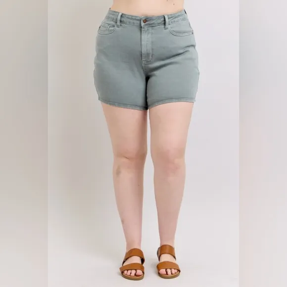 Judy Blue Embroidered Pockets High Rise Distressed Denim Mid-length Jean Shorts