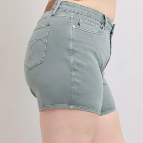 Judy Blue Embroidered Pockets High Rise Distressed Denim Mid-length Jean Shorts