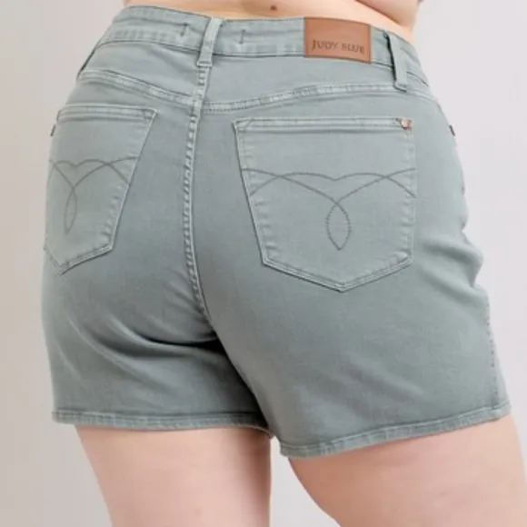 Judy Blue Embroidered Pockets High Rise Distressed Denim Mid-length Jean Shorts