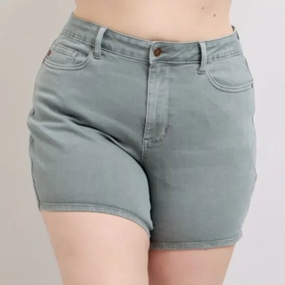 Judy Blue Embroidered Pockets High Rise Distressed Denim Mid-length Jean Shorts