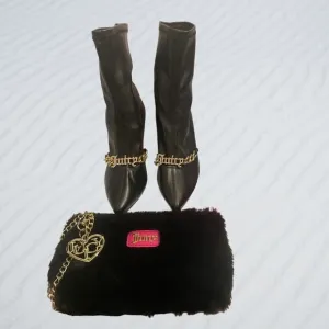 JUICY COUTURE 3PC SET BLACK FAUX LEATHER &amp; GOLD CUBAN LINK BOOTS SZ 7.5
