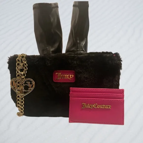 JUICY COUTURE 3PC SET BLACK FAUX LEATHER &amp; GOLD CUBAN LINK BOOTS SZ 7.5