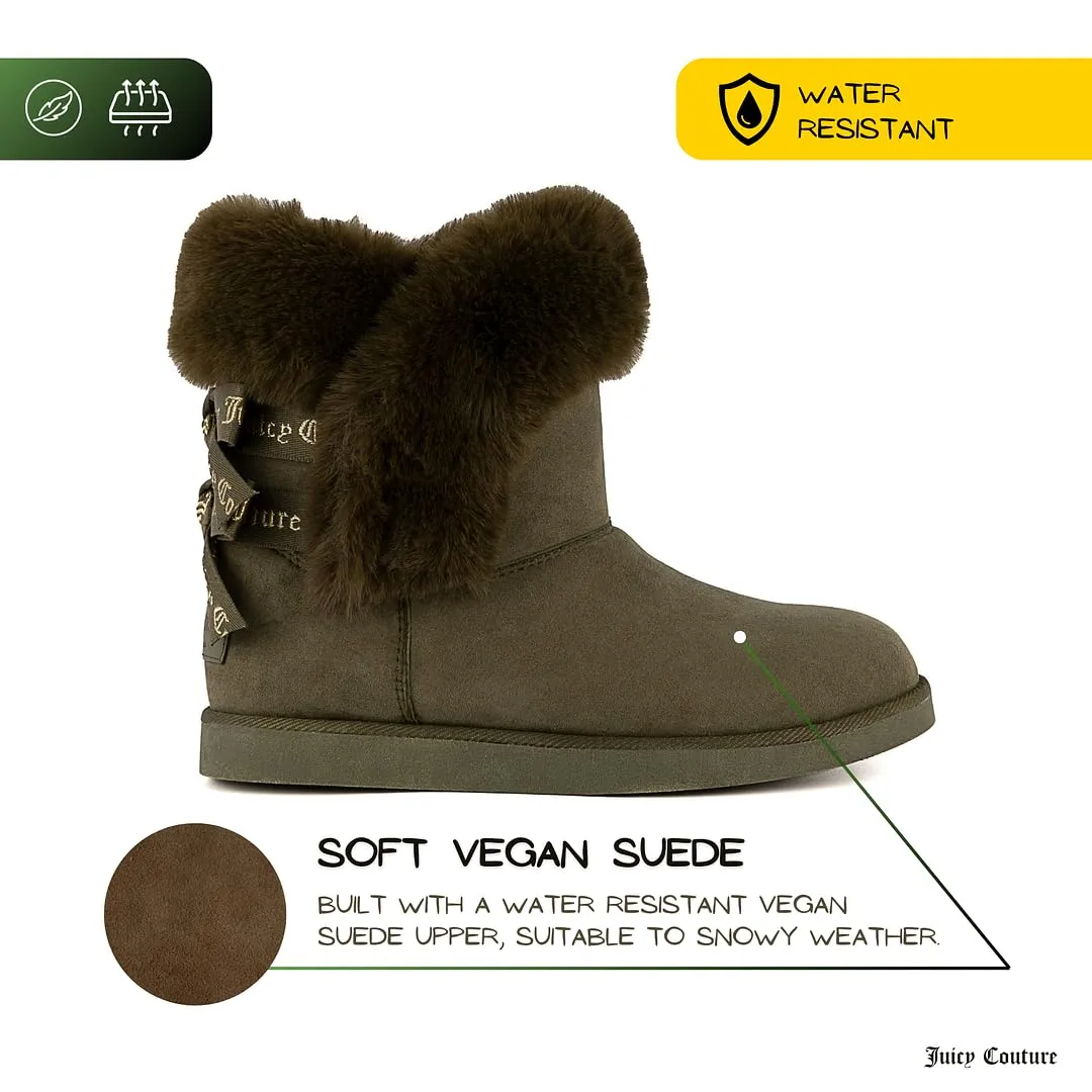 Juicy Couture Women's Slip On Winter Snow Boots Warm & Insulated Fur Lining Comfortable Fashion Booties-King 2-Olive Micro-8