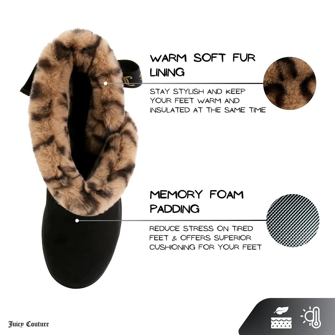 Juicy Couture Women's Slip On Winter Snow Boots Warm & Insulated Fur Lining Comfortable Fashion Booties-King-Black/Leopard-6