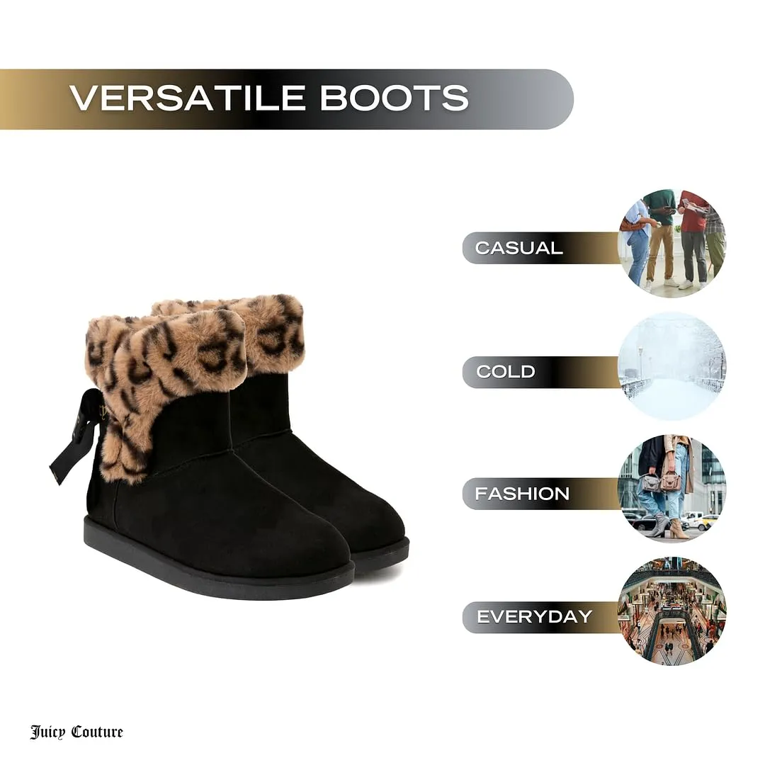 Juicy Couture Women's Slip On Winter Snow Boots Warm & Insulated Fur Lining Comfortable Fashion Booties-King-Black/Leopard-6