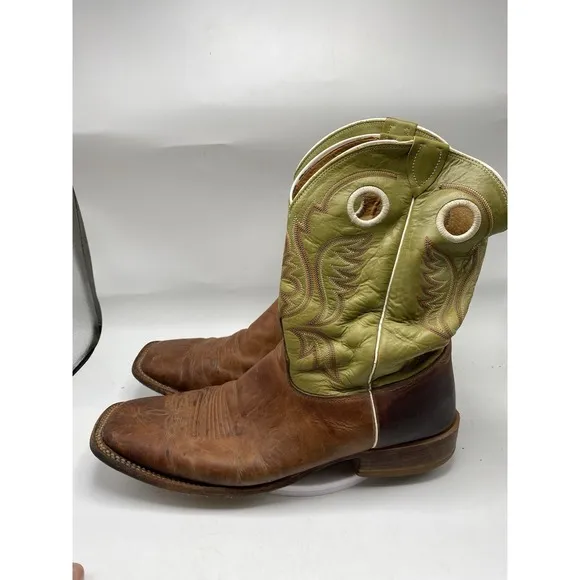 Justin Boots Men Size 13 D Bent Rail Brown Green Leather Western Square Toe 4210