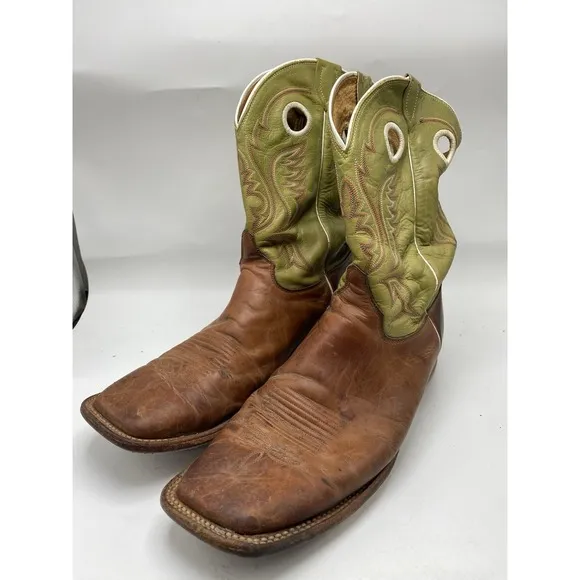 Justin Boots Men Size 13 D Bent Rail Brown Green Leather Western Square Toe 4210