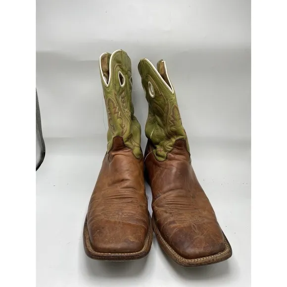 Justin Boots Men Size 13 D Bent Rail Brown Green Leather Western Square Toe 4210