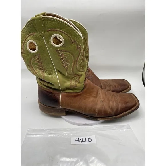 Justin Boots Men Size 13 D Bent Rail Brown Green Leather Western Square Toe 4210