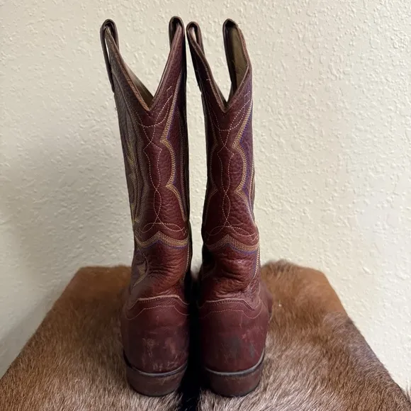 Justin Boots Mens 9D Brown Leather Western Cowboy Blue Yellow Stitch 1471 Mexico