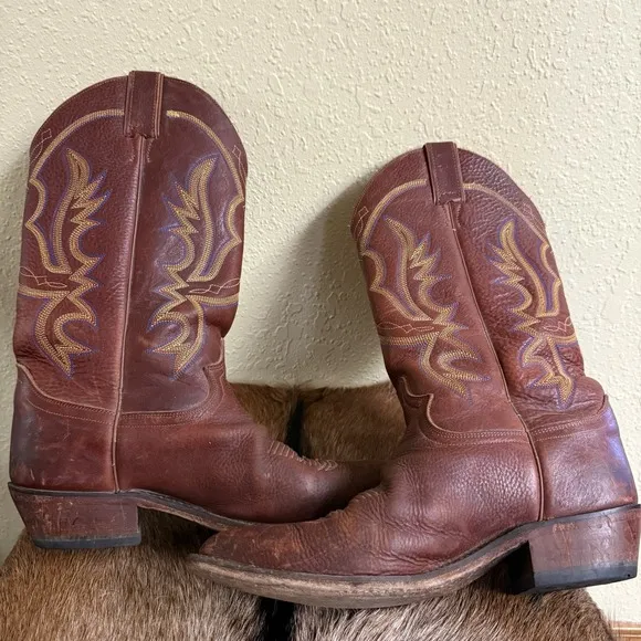 Justin Boots Mens 9D Brown Leather Western Cowboy Blue Yellow Stitch 1471 Mexico