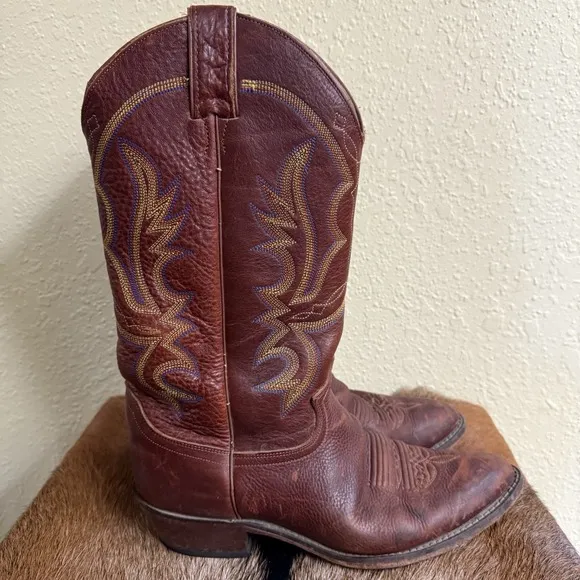 Justin Boots Mens 9D Brown Leather Western Cowboy Blue Yellow Stitch 1471 Mexico