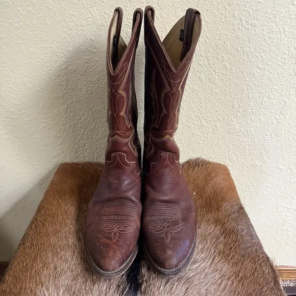 Justin Boots Mens 9D Brown Leather Western Cowboy Blue Yellow Stitch 1471 Mexico
