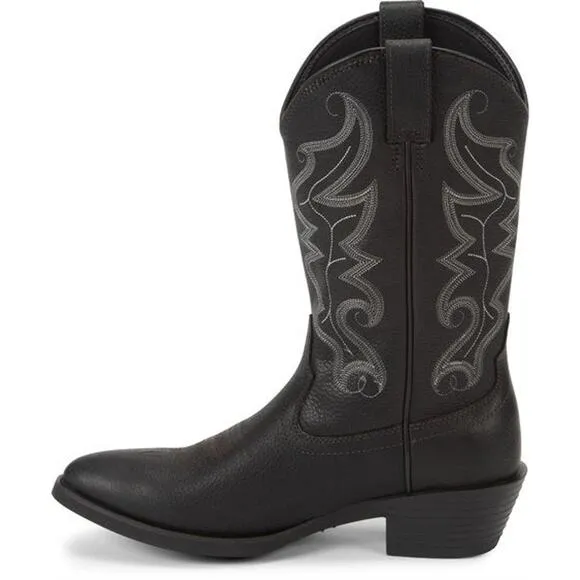 Justin Boots Western Buck Pull-On Cowboy Boots Round Toe Black Leather Mens 9.5