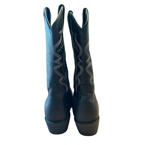 Justin Boots Western Buck Pull-On Cowboy Boots Round Toe Black Leather Mens 9.5
