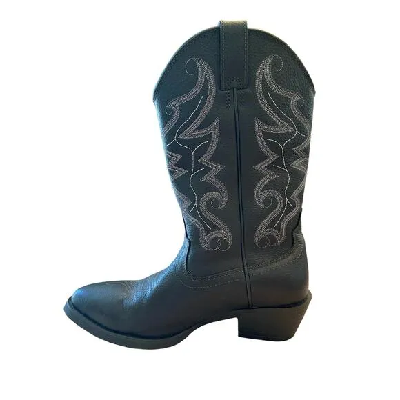 Justin Boots Western Buck Pull-On Cowboy Boots Round Toe Black Leather Mens 9.5