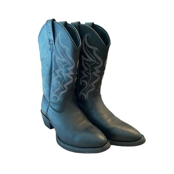 Justin Boots Western Buck Pull-On Cowboy Boots Round Toe Black Leather Mens 9.5