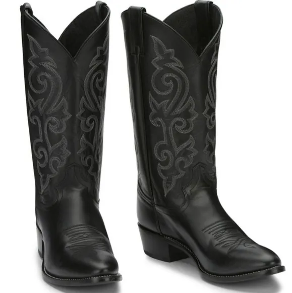 JUSTIN Buck 13&quot; Cowboy Full-Grain Leather Round Toe Western Boot. Black men sz 9