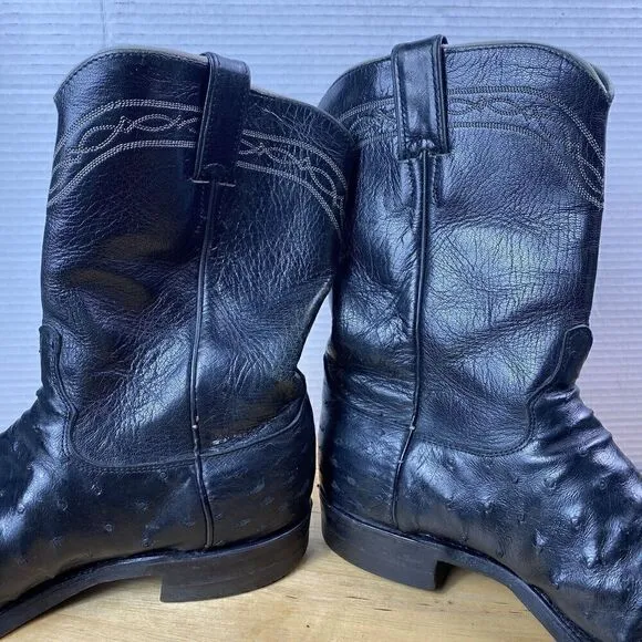 Justin Cowboy Boots Leather Black Full Quill Ostrich Roper Men Size 8.5D Western