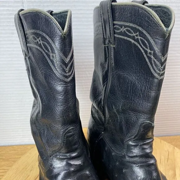 Justin Cowboy Boots Leather Black Full Quill Ostrich Roper Men Size 8.5D Western