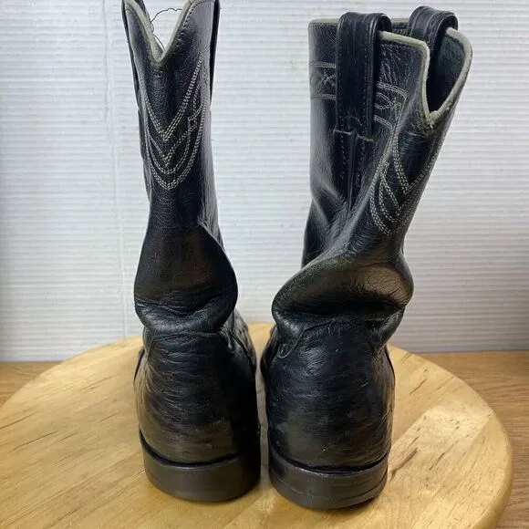 Justin Cowboy Boots Leather Black Full Quill Ostrich Roper Men Size 8.5D Western