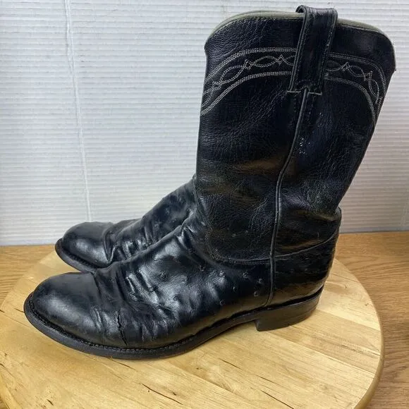 Justin Cowboy Boots Leather Black Full Quill Ostrich Roper Men Size 8.5D Western