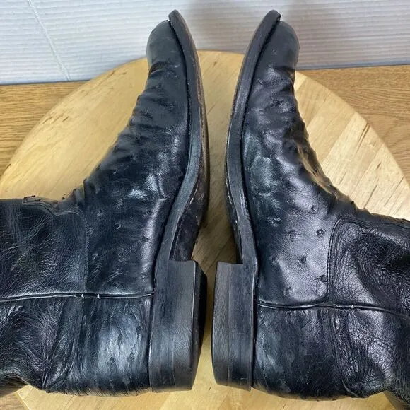 Justin Cowboy Boots Leather Black Full Quill Ostrich Roper Men Size 8.5D Western