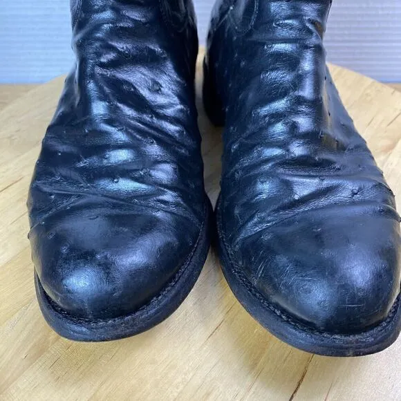 Justin Cowboy Boots Leather Black Full Quill Ostrich Roper Men Size 8.5D Western