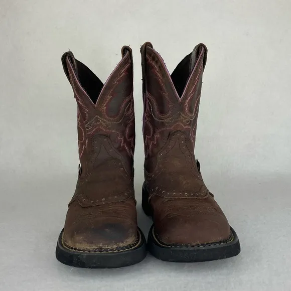 Justin Gypsy Gemma Western Boots Women 5.5B Aged Bark Leather Pink Embroidered