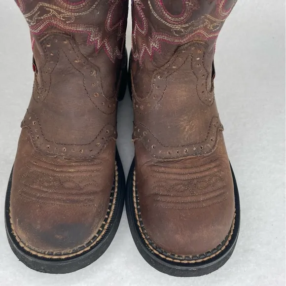 Justin Gypsy Gemma Western Boots Women 5.5B Aged Bark Leather Pink Embroidered