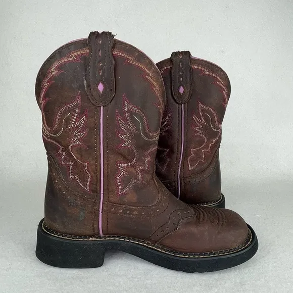 Justin Gypsy Gemma Western Boots Women 5.5B Aged Bark Leather Pink Embroidered