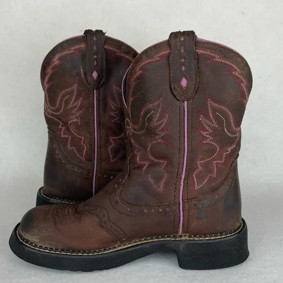 Justin Gypsy Gemma Western Boots Women 5.5B Aged Bark Leather Pink Embroidered
