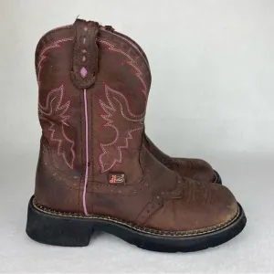 Justin Gypsy Gemma Western Boots Women 5.5B Aged Bark Leather Pink Embroidered