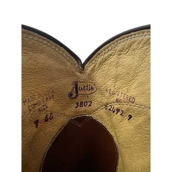 Justin Jackson 10&quot; Roper Cowboy Boots  Men Hand-Nailed Leather Outsole Size 9