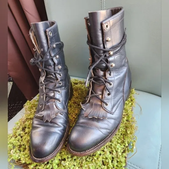 JUSTIN Kiltie Lace Up Prairie Gunmetal Grey Loved Ankle Western Cowpoke Boots GC