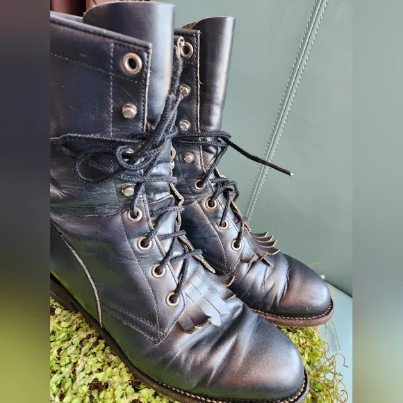 JUSTIN Kiltie Lace Up Prairie Gunmetal Grey Loved Ankle Western Cowpoke Boots GC