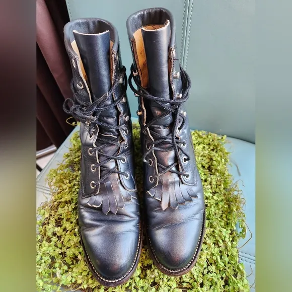 JUSTIN Kiltie Lace Up Prairie Gunmetal Grey Loved Ankle Western Cowpoke Boots GC