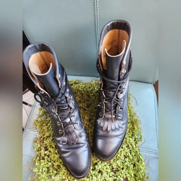 JUSTIN Kiltie Lace Up Prairie Gunmetal Grey Loved Ankle Western Cowpoke Boots GC