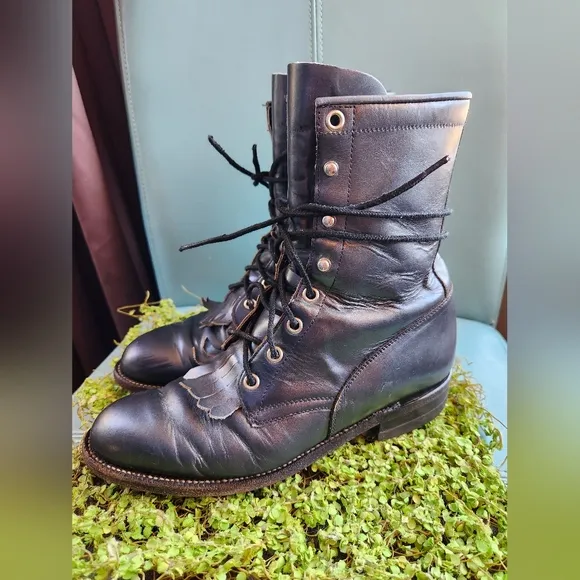 JUSTIN Kiltie Lace Up Prairie Gunmetal Grey Loved Ankle Western Cowpoke Boots GC