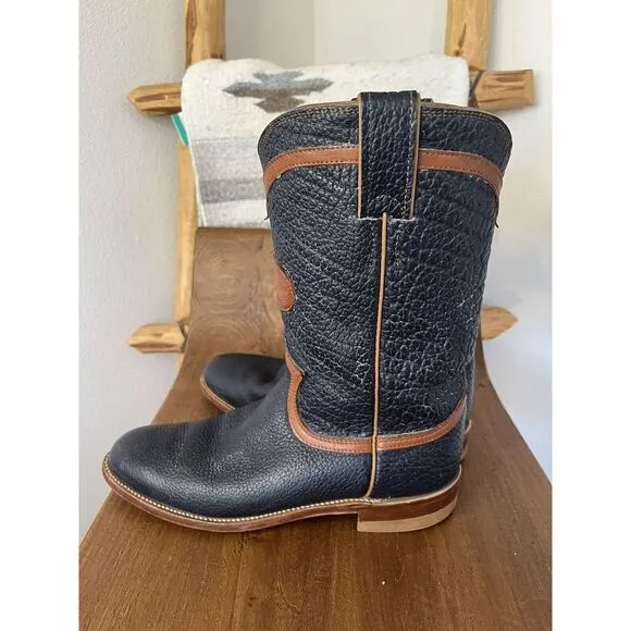 Justin Roper Cowboy Boots Vintage 80’s Navy &amp; Brown Leather Women 6.5 Made USA