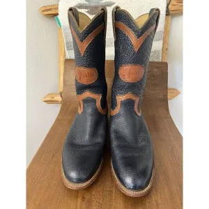 Justin Roper Cowboy Boots Vintage 80’s Navy &amp; Brown Leather Women 6.5 Made USA