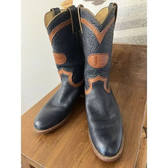 Justin Roper Cowboy Boots Vintage 80’s Navy &amp; Brown Leather Women 6.5 Made USA