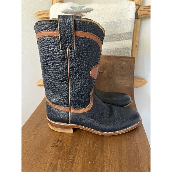 Justin Roper Cowboy Boots Vintage 80’s Navy &amp; Brown Leather Women 6.5 Made USA